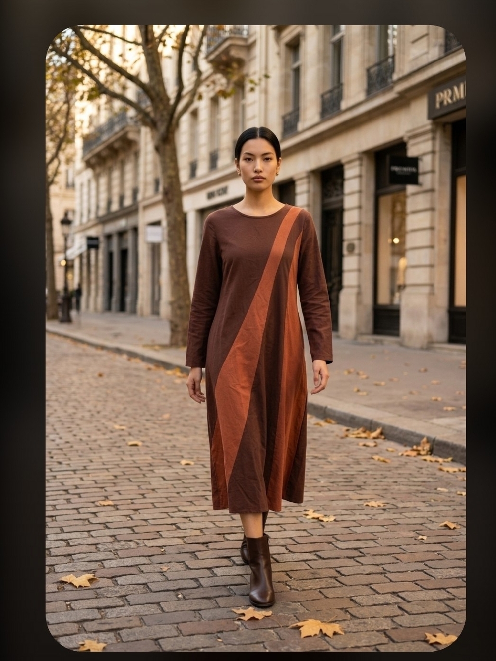 Long Sleeve Brown & Rust A-Line Midi Dress